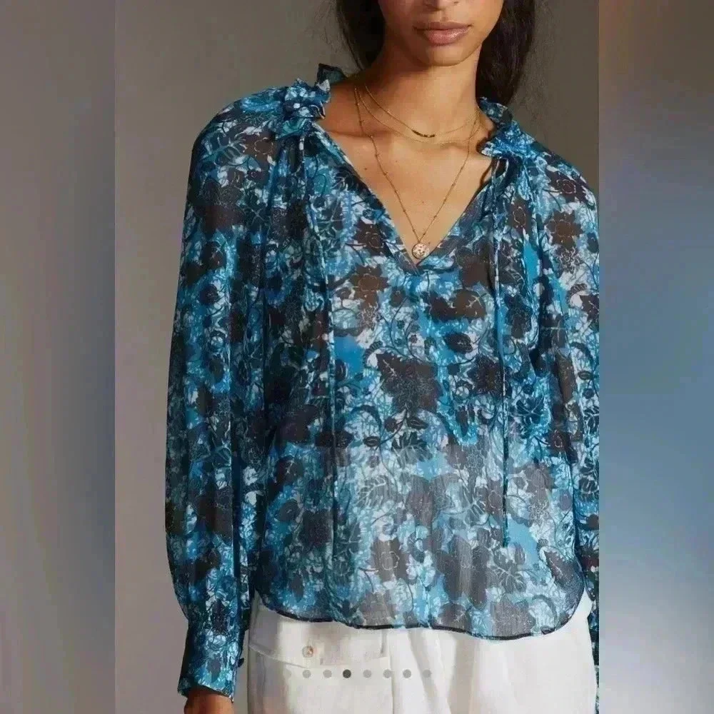 NWT Anthropologie Sheer Printed Peasant Blouse-Sz M